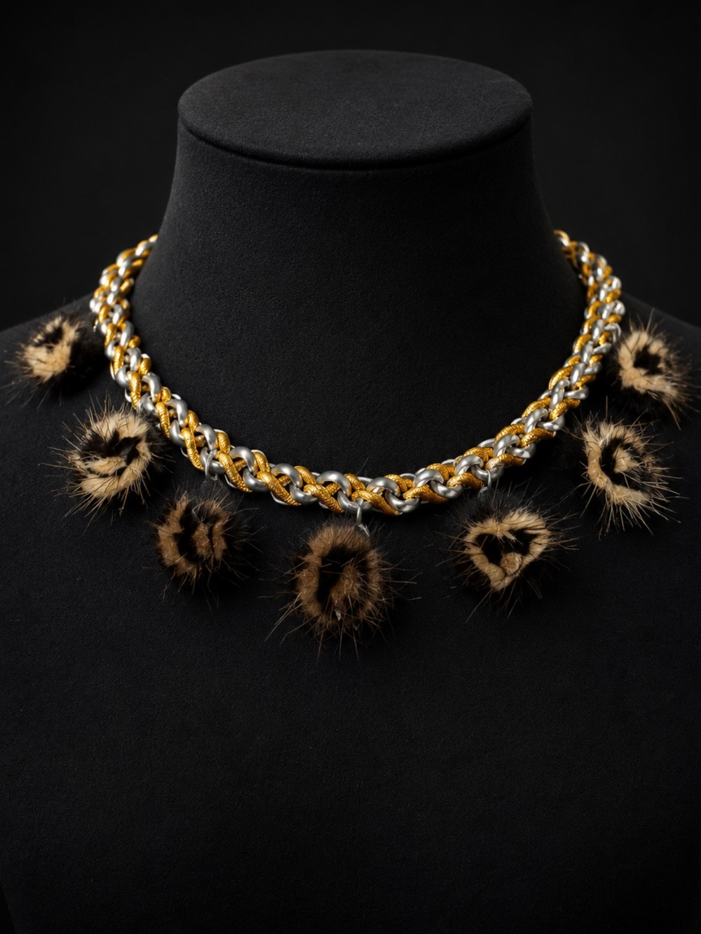 Mixed Metal Chain Necklace with Brown Fur Pom Accents